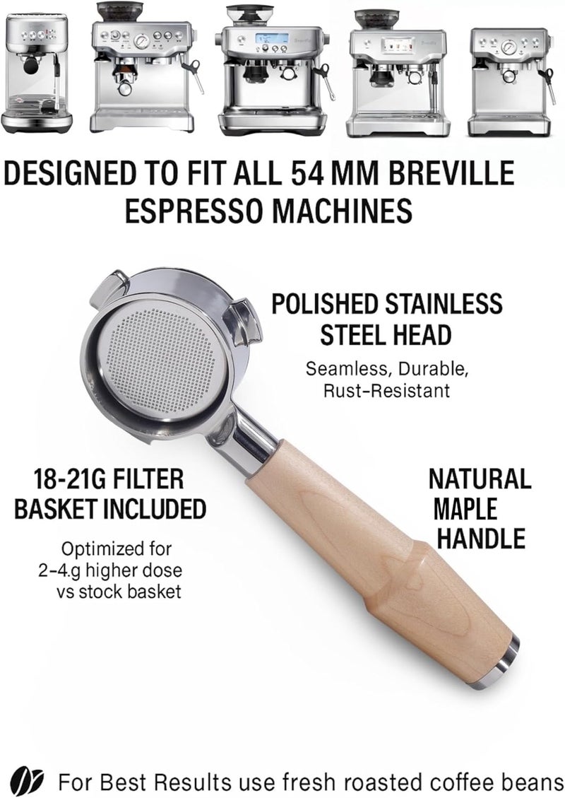 KNODOS Bottomless Portafilter 54mm Breville Compatible Maple Handle & Naked 18-21 Gram Filter Basket, Fits Barista Express, Pro, Touch, Bambino, Infuser, Duo Temp Pro - Image 3